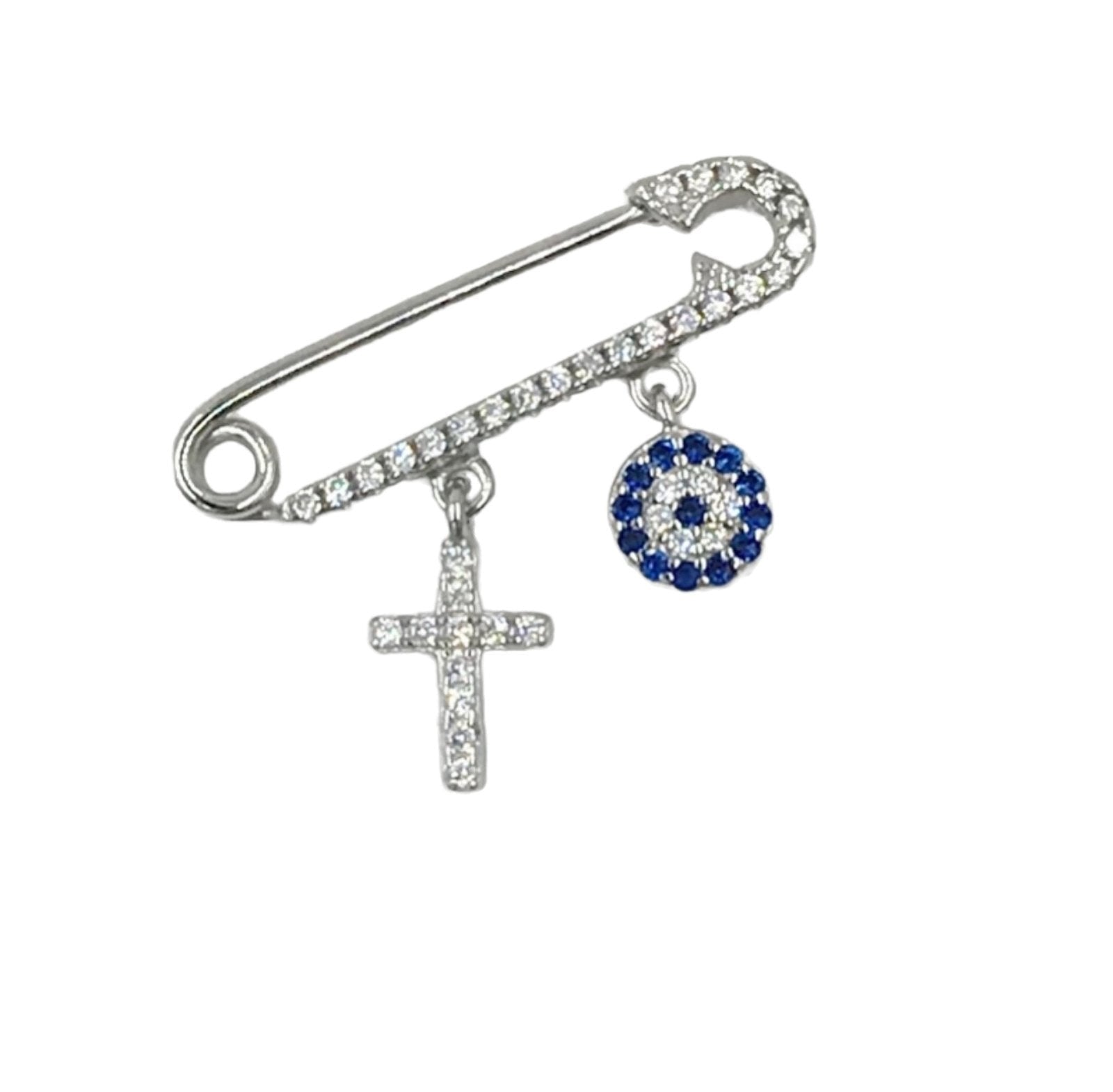 Sterling Silver Cross and Evil Eye Brooch Pin